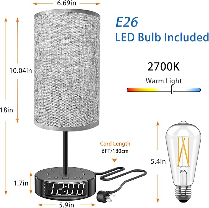 Table Lamp - Bedside Lamp with USB Ports and Outlets, Bedroom Lamp with Alarm Clock Base, 3-Way Dimmable Modern Nightstand Lamps with Round Fabric Lampshade,Touch Lamp for Bedroom Living Room Home