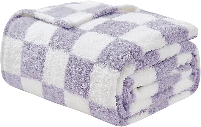 EMME Checkered Blanket Throw - 50"x60" Lavender Knit Blanket Soft Fluffy Patterned Throw Blankets for Couch, Sofa, Chair, Bed, Camping, Picnic, Travel