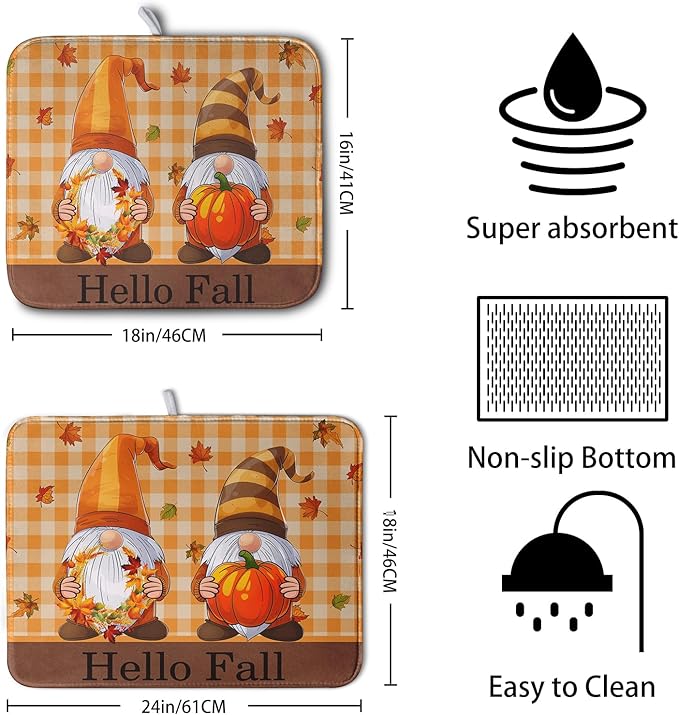 Hello Fall Autumn Gnomes Dish Drying Mat 16x18 Thanksgiving Pumpkin Maple Leaves Harvest Kitchen Drying Mat Orange White Buffalo Plaid Dish Drainer Mat Ultra Absorbent Dish Rack Pad for Coffee Bar