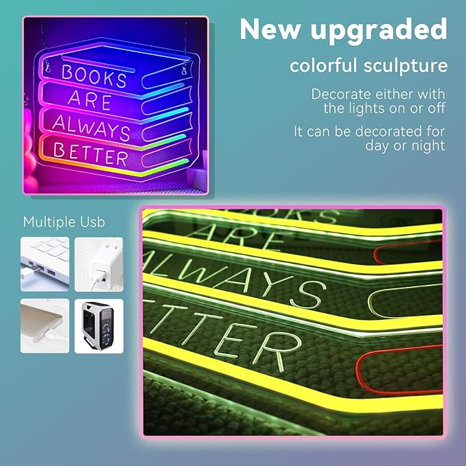 Books Are Always Better Neon Sign Student Classroom Neon Lights For Wall Decor Dimmable Colorful Light Up Sign For Bedroom Library Classroom Reading Study Room Decoration Boy Girls Gifts