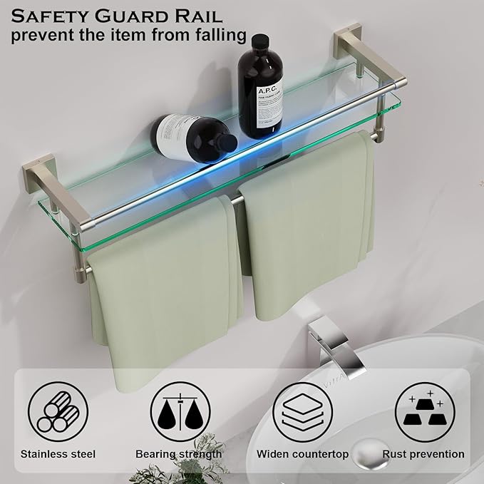 Bathroom Glass Shelf with Towel Bar/Rack 24 inches Wall-Mounted Shelves Tempered Glass Sink Toilet Organizer Shower Towel Decorative Storage (Brushed Nickel, 24IN)