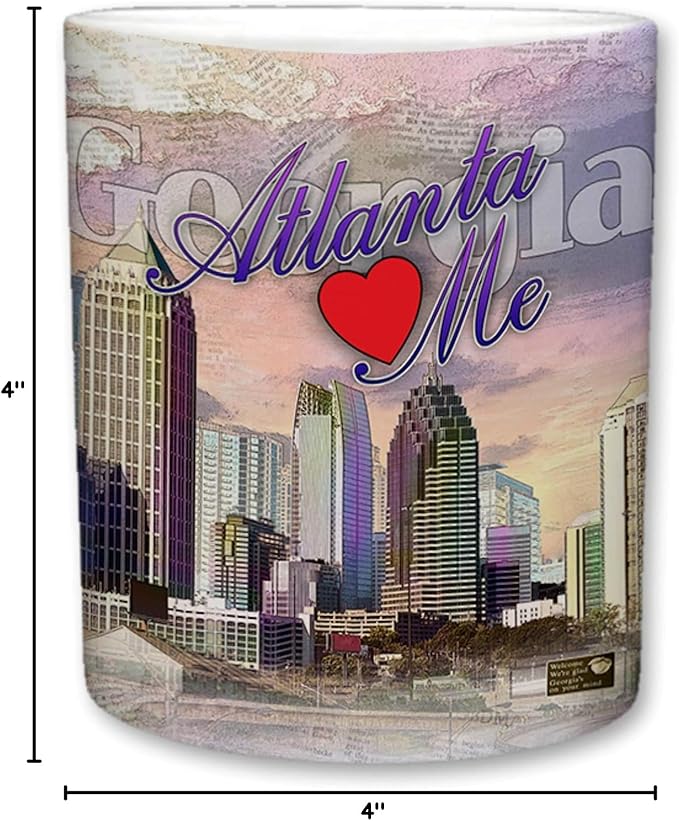 Sweet Gisele | City of Atlanta Mug | Ceramic Coffee Cup | Downtown Skyline | Atlanta Loves Me Phrase | Georgia Print Fade | Vivid Colorful Detailing | Great Novelty Gift | 11 Fl. Oz