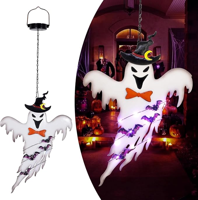 ILLUMINEW Solar Halloween Metal Hanging Decorations Outdoor, Solar Powered Lighted Metal Ghost for Halloween Outdoor Tree, Wall, Porch, Patio Decor (Ghost)