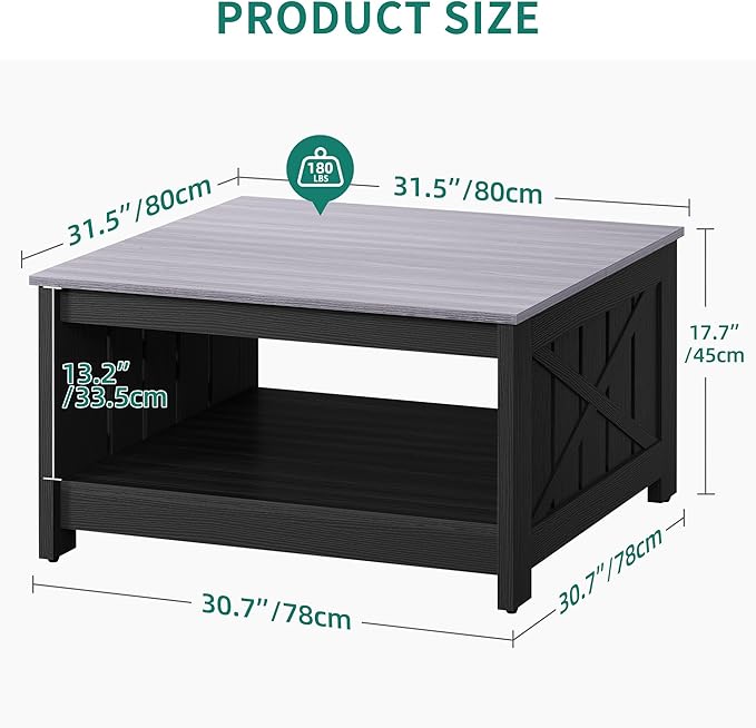 YITAHOME Farmhouse Coffee Table with Storage Rustic Wood Cocktail Table, Square Coffee Tables for Living Meeting Room with Half Open Storage Compartment, Grey and Black