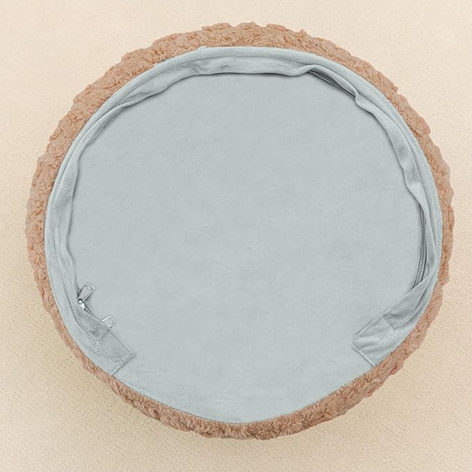 Round Plush Stuffed Ottoman Pouf - Ultra-Soft Furry Ottoman Foot Rest with High-Density Foam Filling, 20" x 14" Multi-Functional Floor Pouf for Living Room