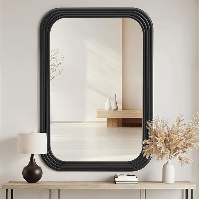 40x28 Inch Rectangle Wall Mirror with Wood Frame,Black Rounded Corners,Wall Mounted for Bathroom Vanity,Living Room,Bedroom,Entryway