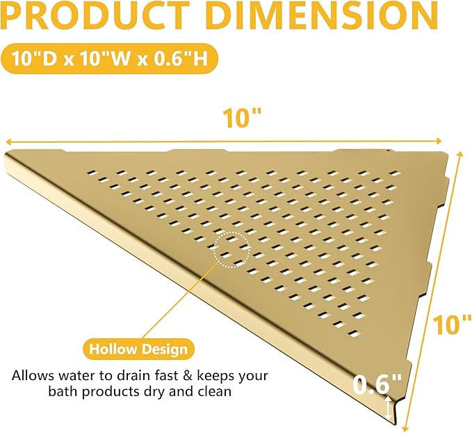 Neodrain 10 Inch Golden Bathroom Corner Shelf Set of 2, Floating Corner Shelves for Wall, 304 Stainless Steel Wall Storage Shelves for Bathroom,No Drilling