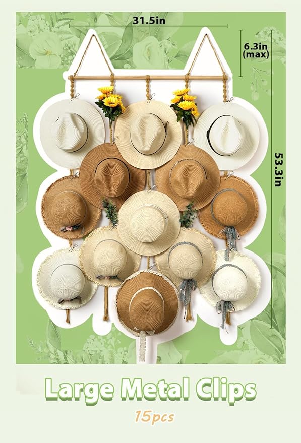 Macrame Hat Organizer Rack for Wall 15 Clips 31x53in Large Fedora Hat Hangers Display for Wide Brimmed Hat Holder Storage Boho Decor for Fedora Sun Straw Panama Closet Bedroom Brown