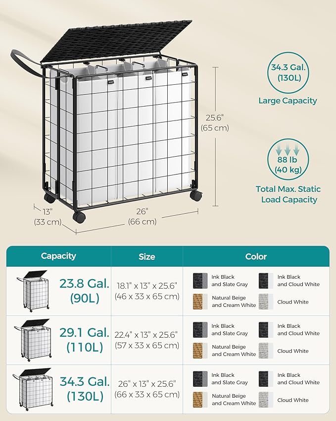 SONGMICS Laundry Hamper, 130L Laundry Basket with Lid, Clothes Hamper with Wheels, Collapsible Removable Liner Bag, Iron-Made Laundry Sorter, Ink Black and Cloud White ULCB313B12
