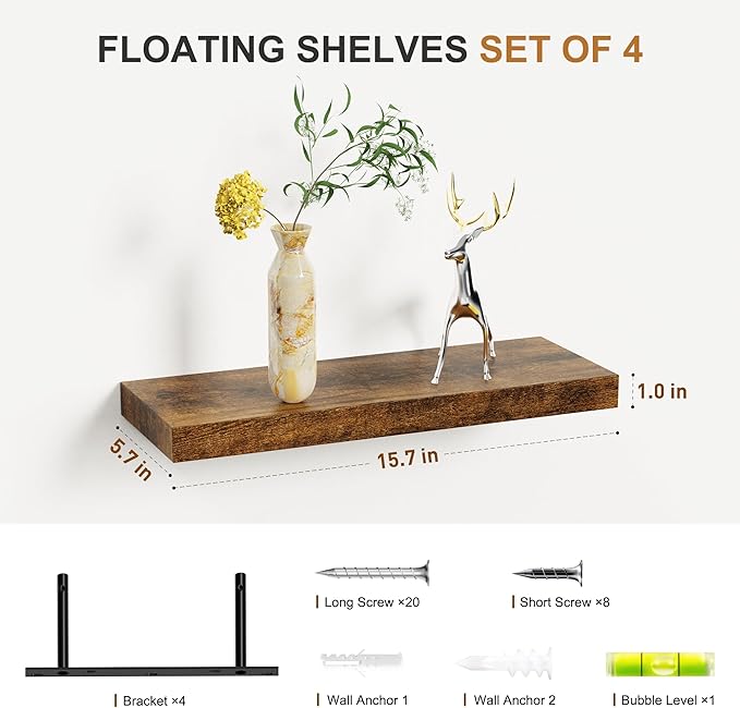 Bellsal Floating Shelves for Wall, Rustic Brown Wood Wall Shelf Set of 4, 16" Wall Mounted Floating Shelf for Kitchen