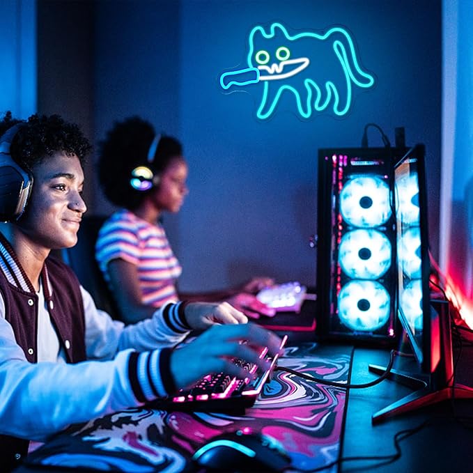 Cat Neon Sign for Wall Decor, Knife Cat Neon Light,Blue Cautiously Cat LED Neon Light for Bedroom Zoo Cat Cafe Cat House Store Home Men Cave Home Bar Decoration(16.9"*12.4")