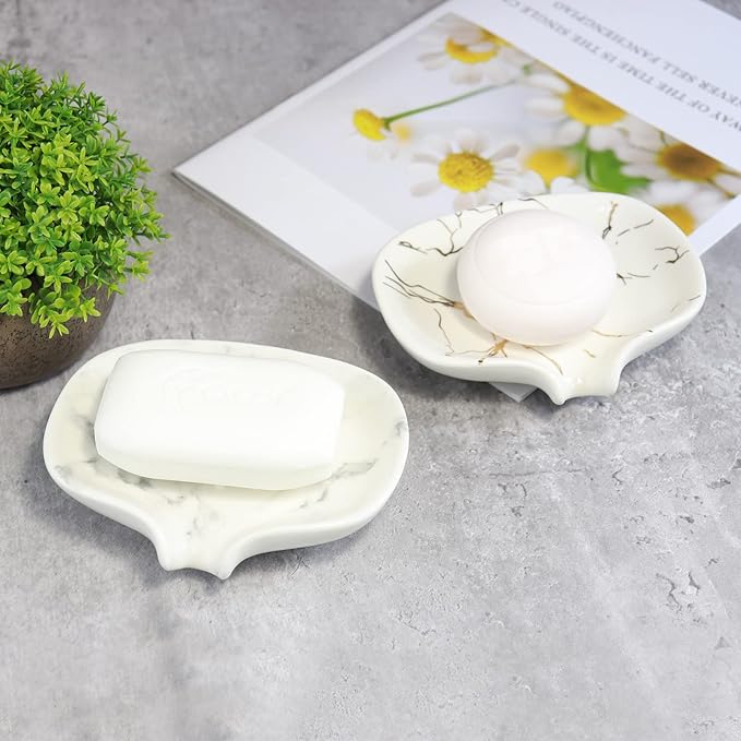 Ceramic Marble Texture Soap Dish, Self Draining Slot, Portable for Shower, Bathroom & Kitchen Sink