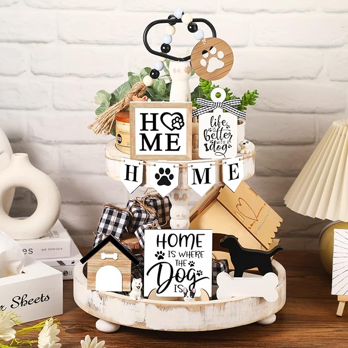 Set of 11 Farmhouse Tiered Tray Decor Rustic Home Tiered Tray Decorations Set Home Wooden Signs Bone Dog Paw Farmhouse Tabletop Wood Signs for Kitchen Table Shelf Decor