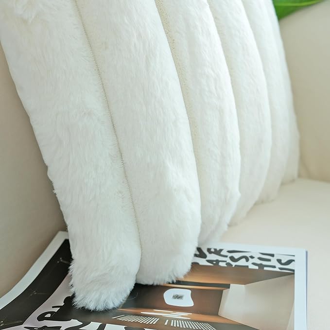 JOJUSIS Pack of 2 Faux Fur Plush Decorative Throw Pillow Covers Couch Cushion Case Soft Fluffy Pillowcases Wide Stripe (White, 22 x 22 Inch)