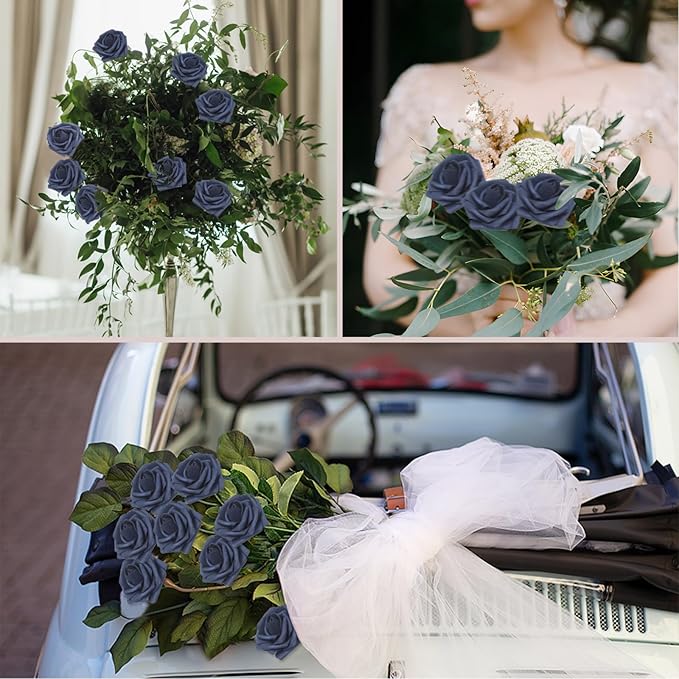 100Pcs Navy Blue Artificial Flowers Roses Real Looking Foam Fake Roses with Leaves and for DIY Wedding Bouquets Bridal Shower Centerpieces Party Decorations (Navy Blue, 100)