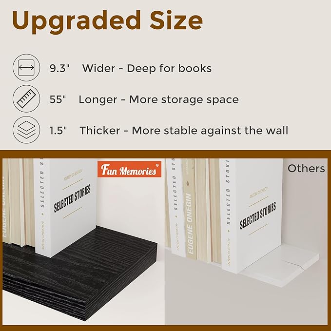55 Inch Black Floating Shelves, 9.3 Inch Deep Wall Mounted Floating Shelf, 55 x 9.3 Large Storage Wall Shelf for Living Room, Floating TV Stand, Farmhouse Rustic 55" Long Fireplace Mantel