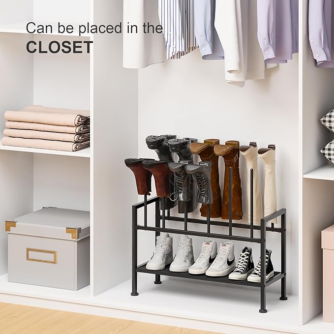 DIMJ Free Standing Shoe Racks - 3-Tier Boot Rack, Black Metal Storage Organizer for Tall Boots, Sneakers, Closet Organizer, Multiuse Shoe Rack, Fits 6 Pairs