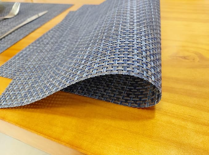 Zupro Placemats Set of 6 Washable Heat-Resistant Non-Slip Braided Table Mats Woven PVC Vinyl Kitchen Place Mats for Everyday use or Dinner Parties BBQs Indoor and Ourdoor Use.18"x12"(Dark Blue Gold)