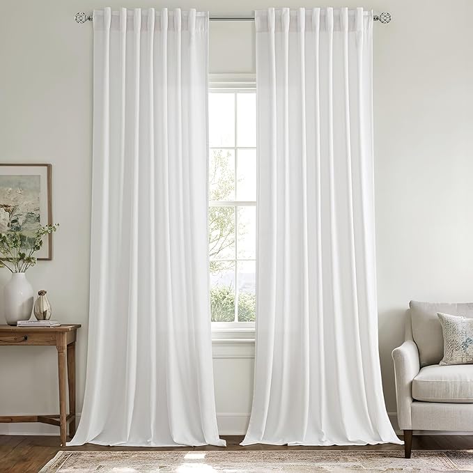 MIULEE Non-See-Through Privacy Linen Curtains 2 Panels, Light Filtering Window Curtains Farnhouse Textured Back Tab Semi Sheer Drapes for Bedroom Living Room, 52 x 90 Inches Long, Pure White