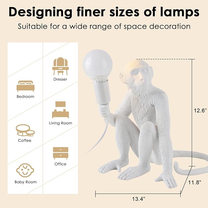 Modern Resin Monkey Wall & Table Lamp - Hemp Rope Pendant Light for Home Decor - Dining, Living Room, Bedroom, Entryway (White)