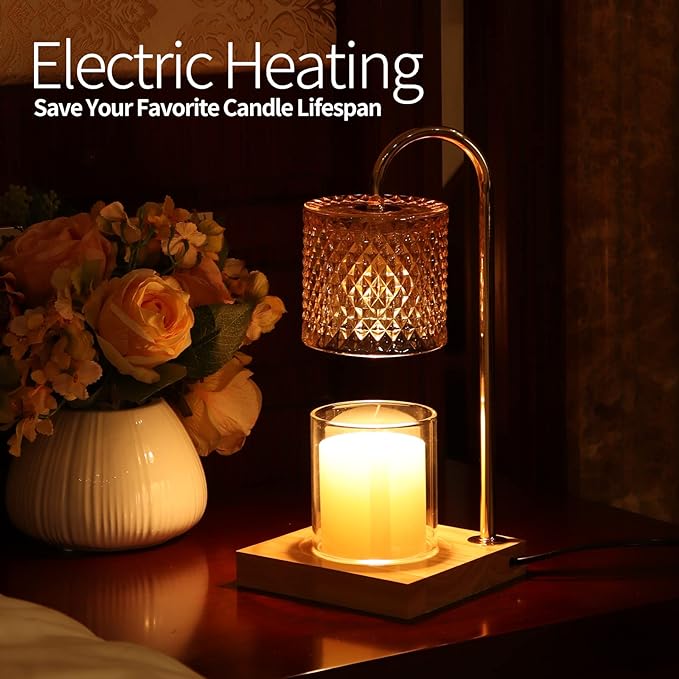 Candle Warmer Lamp, Candle Lamp Wax Warmer Heating, Timer & Dimmer 7-Levels, Fits Cup Jar Candle, Top Melting, Crystal Heater Lamp for Scented Wax, Elegant Home Decor, Amber Glass