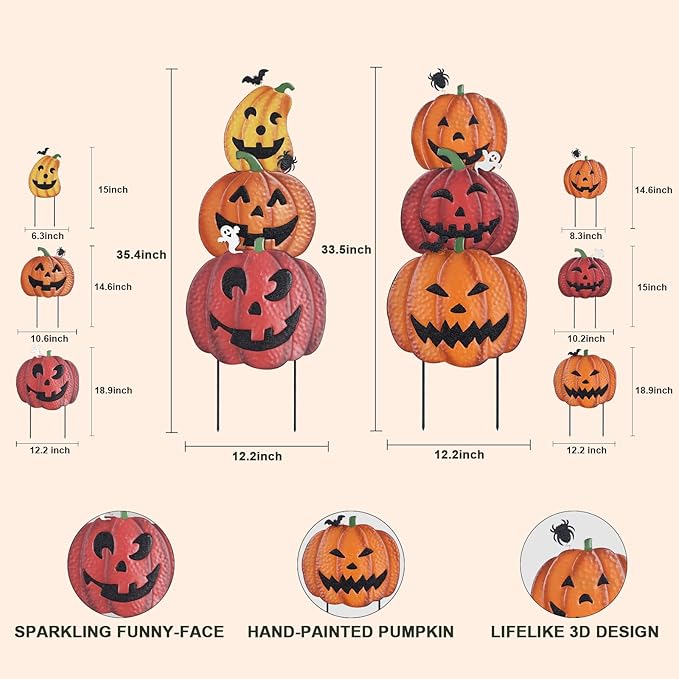 Hogardeck Outdoor Halloween Decorations - 2PCS 36" Decorative Garden Stakes with Pumpkins, Jack O Lantern Metal Yard Signs for Garden, Lawn, Patio Decor