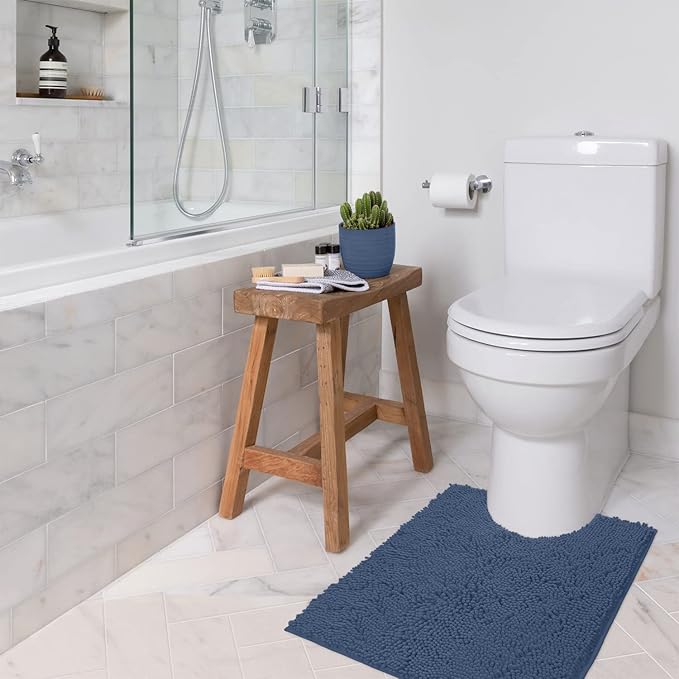Bathroom Rugs Sets 2 Piece, Luxury Chenille Bath Mat Set, Soft Plush Anti-Slip Bath Rug + U-Shaped Toilet Mat. Microfiber Shaggy Carpet, Super Absorbent (24” x 36” & 20” x 24” U, Medium Blue)