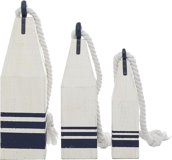 Deco 79 Wood Buoy Handmade Decorative Sculpture Home Decor Statues with Rope Accents, Set of 3 Accent Figurines 17", 15", 12"H, White