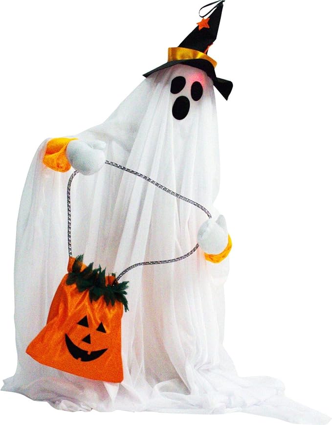 Haunted Hill Farm Friendly Ghost Halloween Animatronic with Touch Activated Lights and Music, Battery Operated Indoor or Covered Outdoor Halloween Decorations, Cute and Modern Halloween Props for Home