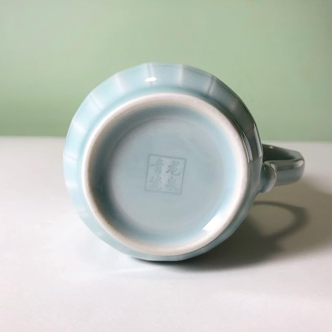 Porcelain Lotus Tea Cup with Lid and Handle, 12 oz Unique Coffee Mug, Microwave Dishwasher Safe, Gifts for Women and Men, Aesthetic Chinese Celadon 1 Pack (Ivory Blue)