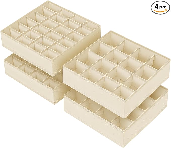 Joyoldelf Sock Drawer Organizer Divider 4 Packs Underwear Organizer, 2 x 24 Cell + 2 x 16 Cell Closet Organizers and Storage Sock Holders for Storing Socks, Handkerchiefs, Ties, Belts (Beige)