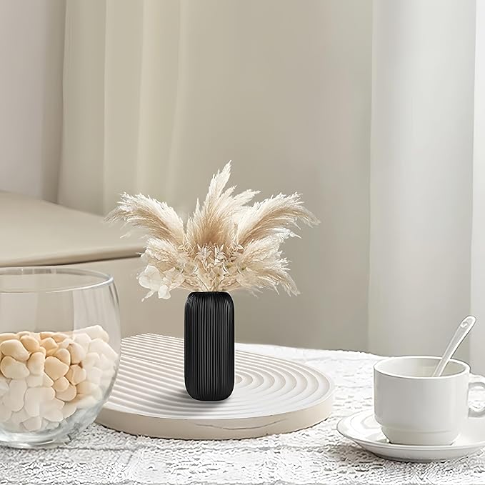 Matte Black Ceramic Vase for Flowers, 8 INCH Modern Small Ribbed Textured Matte Black Flower Vase for Home Decor, Pampas Grass, Decorative, Farmhouse, Coffee Table, Bookshelf and Home Living