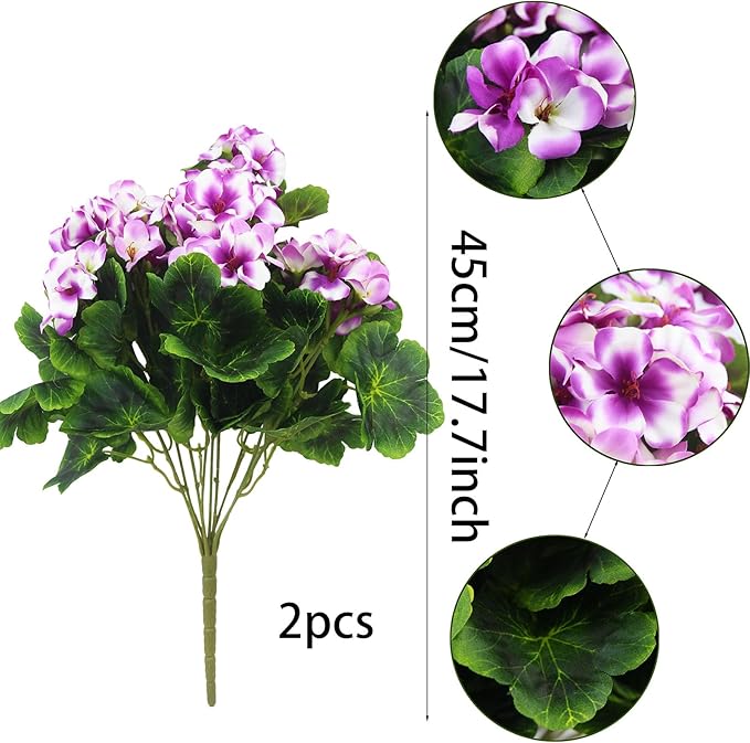 2 Pcs Artificial Geraniums for Outdoor Silk Geranium Flowers Purple Artificial Geranium Bush Faux Flowers Geraniums Branch for Garden Patio Cemetary Vase Table Centerpiece Indoor Decor