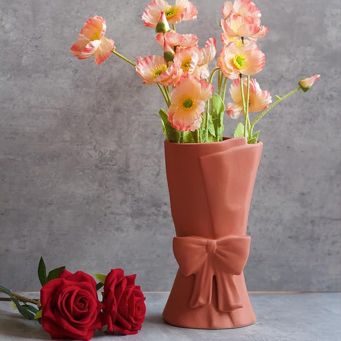 Pink Ceramic Bow Vase 9.64 in Unique Cute Modern Decorative Bouquet Flower Vases for Home Living Room Table Decor Women Girl Gifts