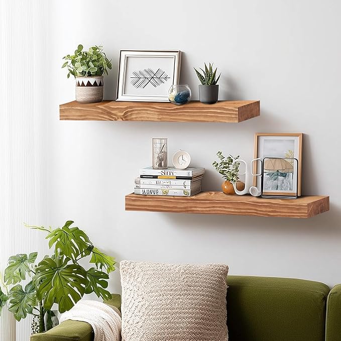 24x8x1.6 inch Floating Shelves Set of 2 – Solid Wood Rustic Oak Wall Mounted Shelf for Kitchen, Bathroom, Living Room