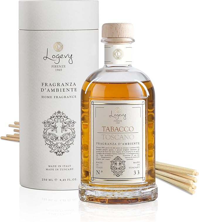 Logevy Firenze 1965 Tabacco Toscano – Tuscan Tobacco Luxury Home Fragrance Diffuser from Master Perfumer in Italy with Sweet Musky Notes in Elegant Glass Bottle with 10 Natural Bamboo Reeds – 250ml