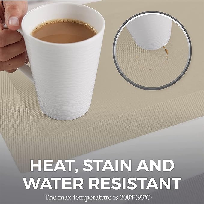 More Décor Dining Table Placemats, Washable Heat-Resistant PVC Vinyl Table Mats for Dining Room and Kitchen, Anti-Slip - Set of 4 - Ivory