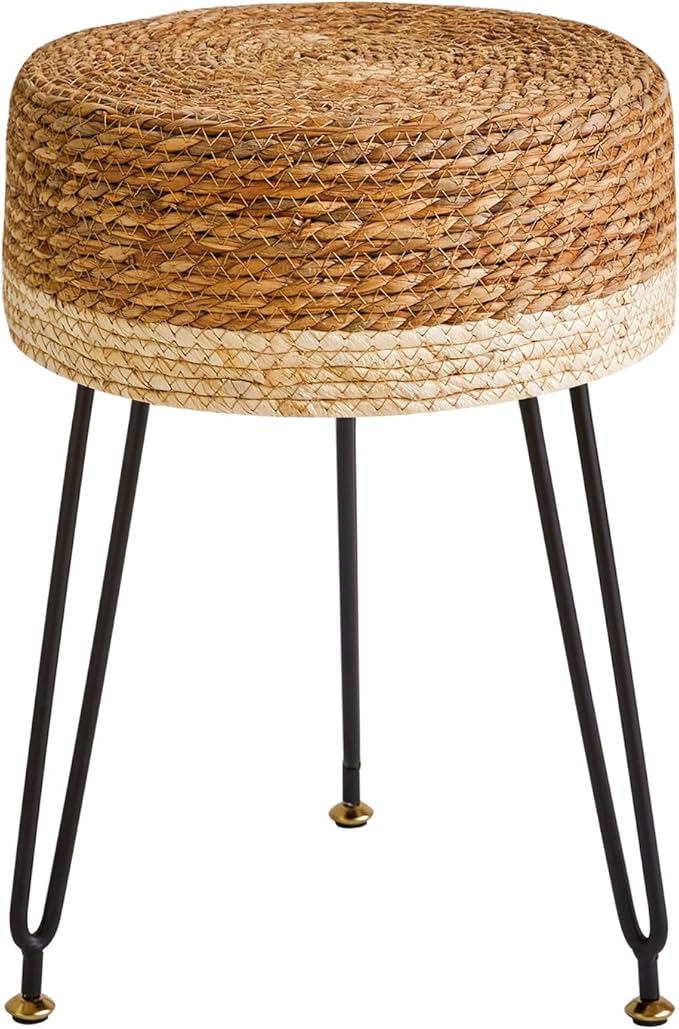 YMYNY Pouf Ottoman, Handmade Natural Water Hyacinth, Pastoral Style Footrest, Footstool with 4 Metal Legs Round Vanity Stool for Bedroom, Hallway, Living Room 12.59"L×12.59"W×17.71"H White UHBD029W