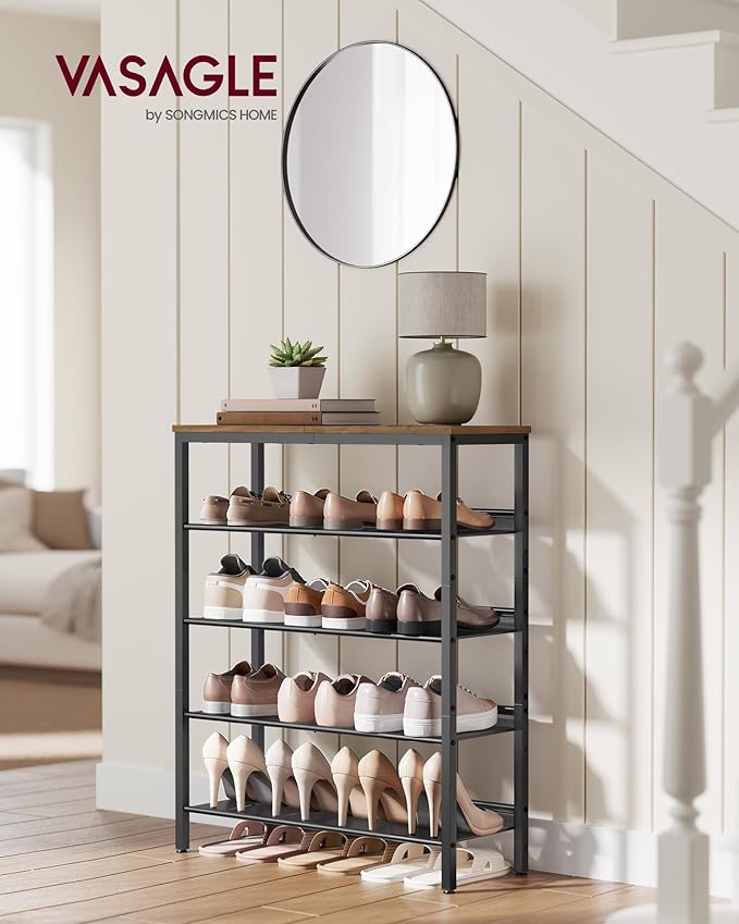 VASAGLE Shoe Rack for Entryway, 5-Tier Shoe Rack Organizer with Storage Shelves and Spacious Top, Freestanding, Adjustable, Industrial, Honey Brown and Ink Black ULBS038K01