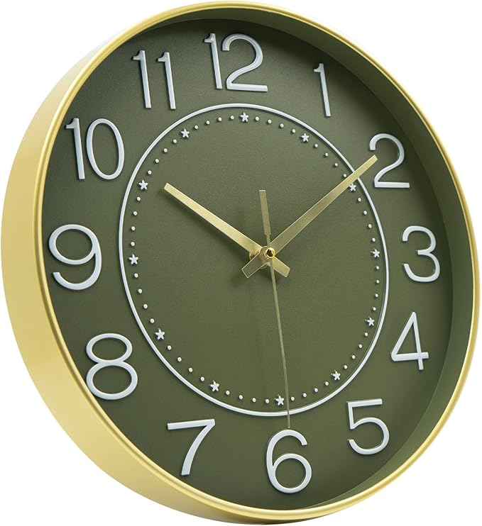 HZDHCLH 12inch Wall Clocks Battery Operated,Quartz Movement,Silent Non Ticking Modern Wall Clock for Living Room Bedroom Kitchen Office School Classroom Decor Green Gold