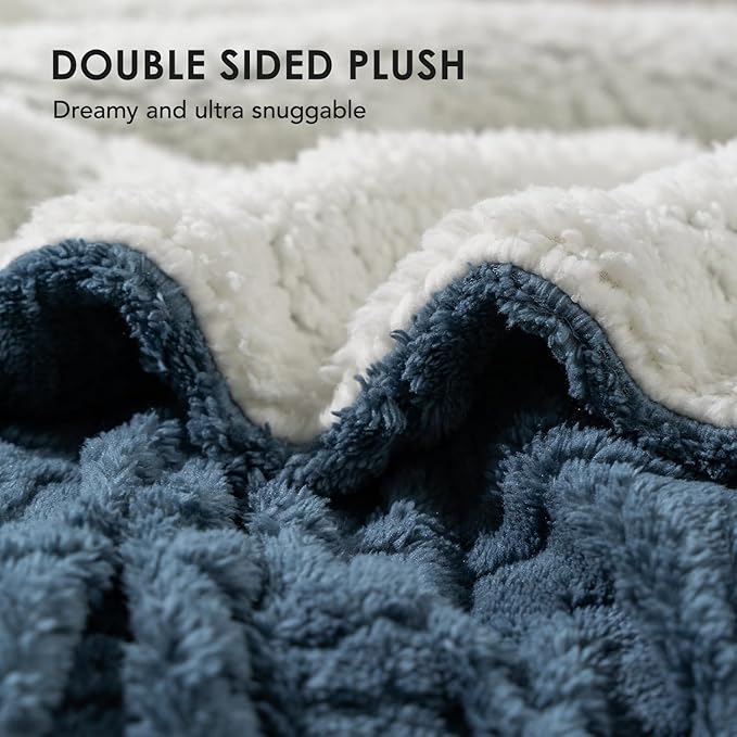 EVERGRACE Jacquard Boho Sherpa Fleece Throw Blanket for Couch, Super Soft Cozy Fuzzy Plush Blankets for All Seasons, Reversible Thick Warm Blanket for Bed, Sofa, Living Room, Stormy Blue, 50" x 60"