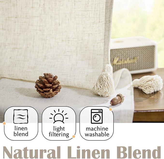 jinchan Boho Curtains 63 Inch Long 2 Panels, Linen Blend Farmhouse Drapes with Tassels for Bedroom, Light Filtering Cottage Core Curtians with Fringe, W50 x L63 with Rod Pocket Back Tab,(Ecru)