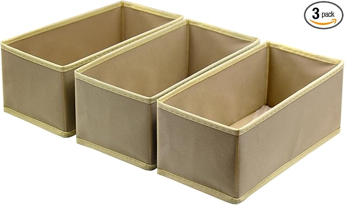 Socks Drawer Organizer Set of 3 Pack Khaki, Underwear Dividers, Closet Cabinet Dresser Wardrobe Storage Boxes for Panties Stockings Leggings