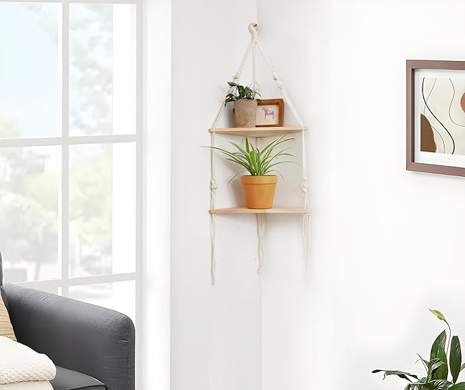 Artilady Corner Shelf White Wall Hanging - 2 Tier Wood Floating Shelves, Rustic Boho Wall Shelf Decor Hand Woven Cotton Rope Storage Rack for Plants Pots Photo Frames (White)