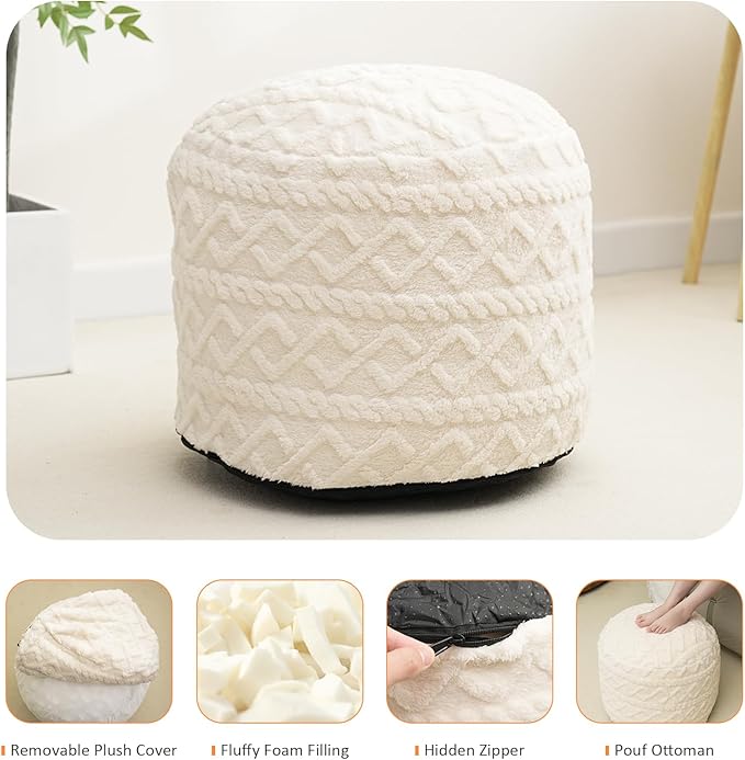 Beige Round Faux Fur Ottoman Pouf - 20x15 Inch Storage Foot Stool Cushion for Living Room & Bedroom Decor