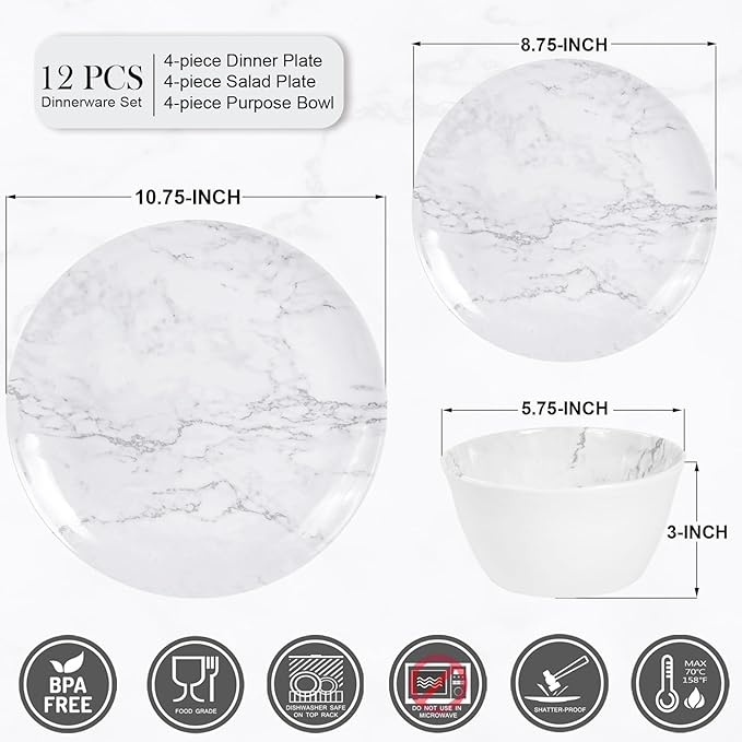 12-Piece Melamine Dinnerware Sets, Modern White Round Dish Set for 4 - Serving Plates and Bowls Sets for Snack, Dessert, Salad, Soup, Pasta - White Marble Pattern