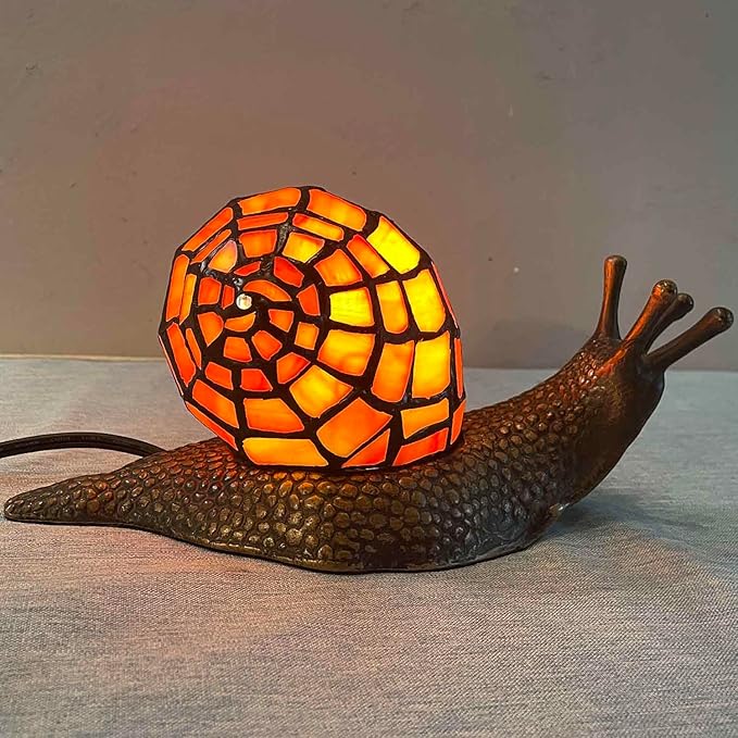 Bieye L10963 Land Snail Tiffany Style Stained Glass Accent Table Lamp for Home Decor (Orange, 10" D x 5" W x 5" H)