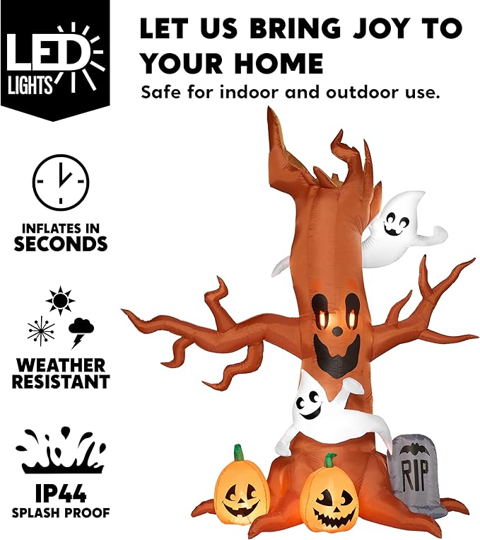 Joiedomi 8 FT Halloween Inflatable Scary Tree with Ghost Decorations, Pumpkin and Tombstone, Blow Up Inflatables with Build-in LEDs for Halloween Party Indoor, Outdoor, Yard, Garden, Lawn Decorations