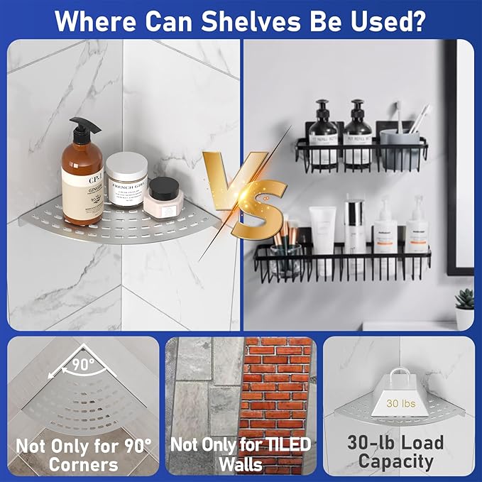 Corner Shower Shelves 304 Stainless Steel Brushed Nickel Shower Corner Shelf 8in Shower Shelves Drilling Installation Strong Load-Bearing Capacity