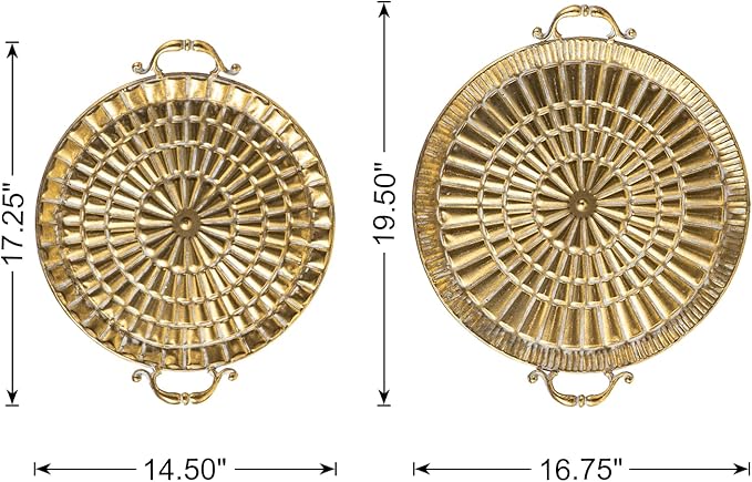 Glitzhome Set of 2 Vintage Decorative Trays with Handles, Metal Large Round Gold Embossed Jewelry Decorative Trays, Bathroom Dresser Vanity Trays